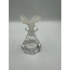 Vintage Art Deco Clear Glass Perfume Bottle with Leaf Stopper 24% Lead Crystal